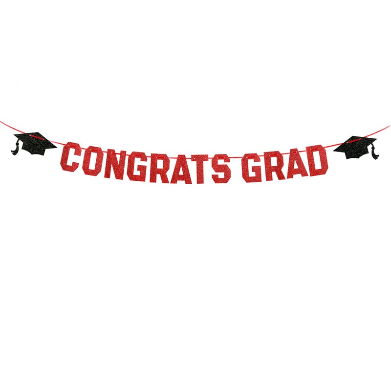 Gexolenu Red Class of 2025 Graduation Theme Party Decoration Banner, Congrats Grad Banner, Black Glitter Graduation Banner, 2025 Black Congratulations Grad Party Decorations - Image 1